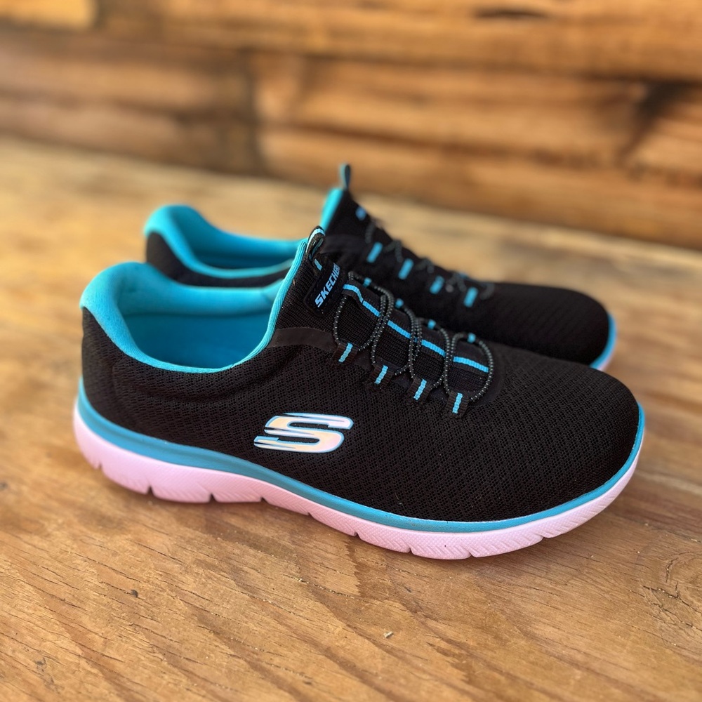SKECHERS | Summits Sneaker Black Turquoise Teal Slip-On 8